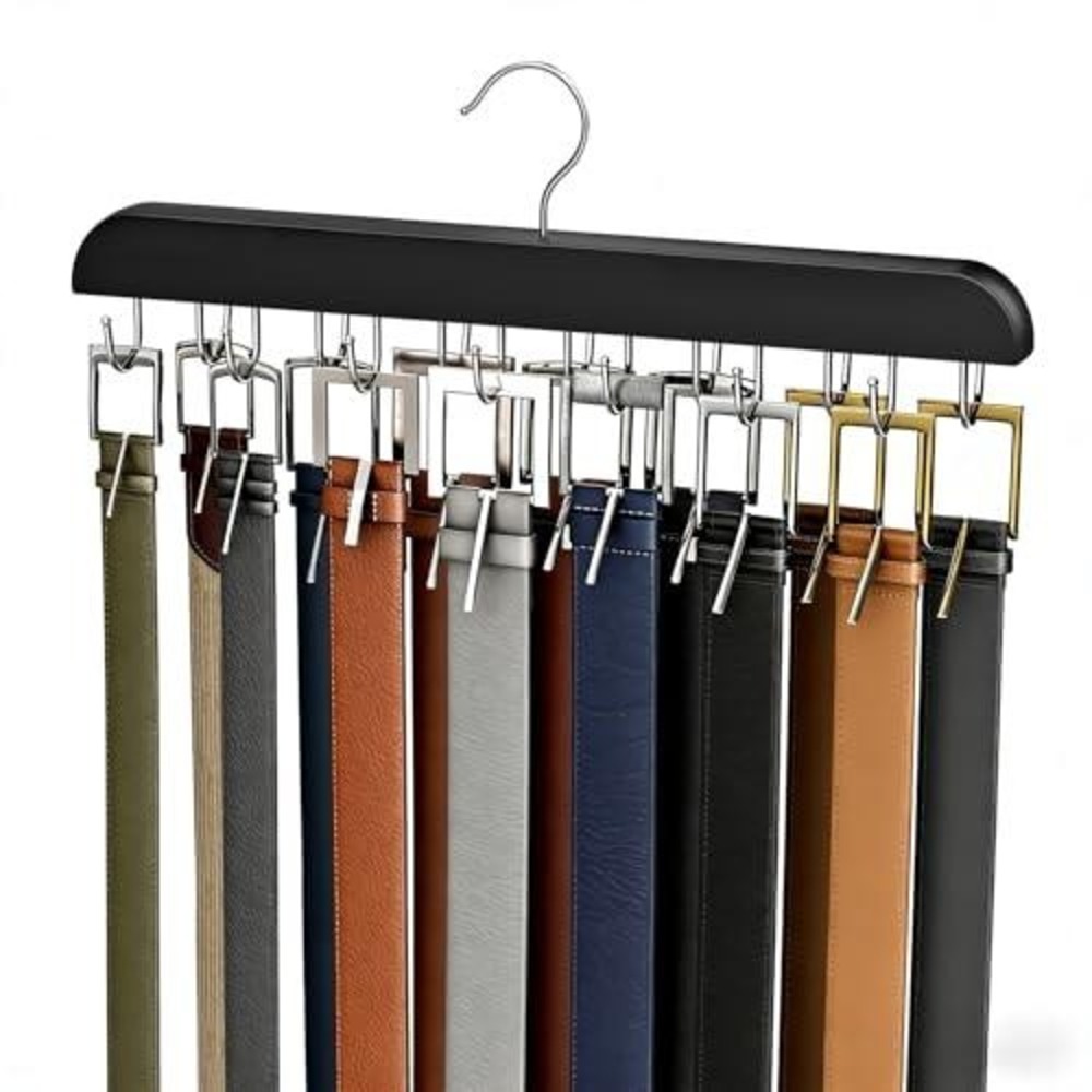 Wooden Belt Hanger Organizer 12 Hook Closet Storage Rack Black Wood Silver Hooks